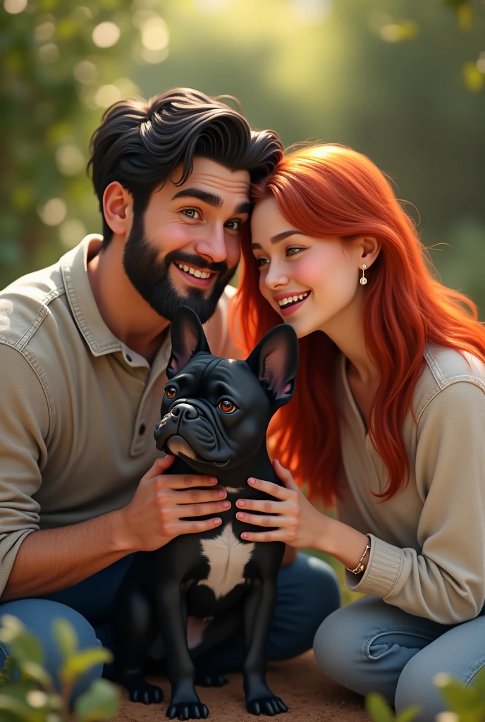 Black French Bulldog with a young male person with white skin color with a beard and short black hair on the sides. Young white female person with long, straight red hair