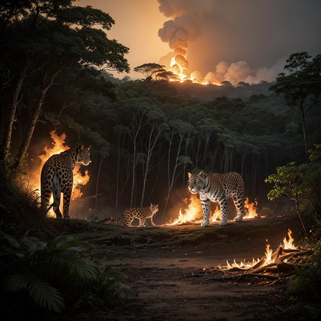 Amazon rainforest on fire and a jaguar watching with tears in its eyes, focusing on the jaguar's face
