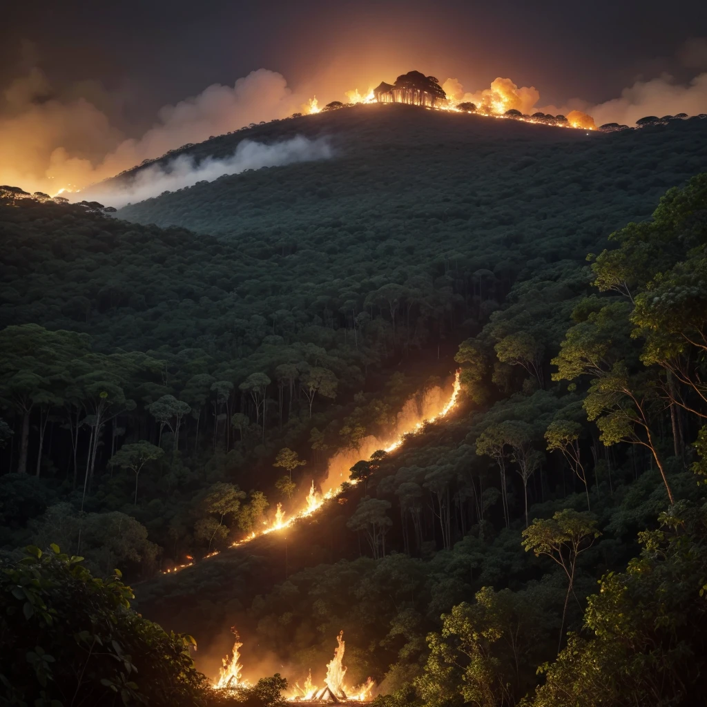 Amazon rainforest on fire and a jaguar watching with tears in its eyes, focusing on the jaguar's face