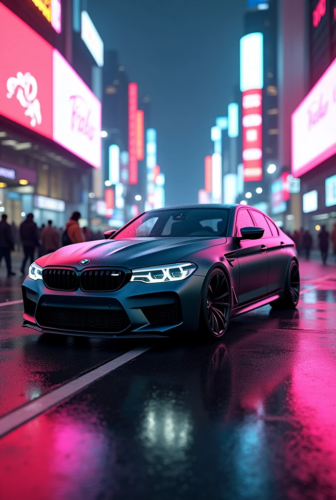 Matte black bmw m5 cs with neon ounk city walking around people with floor reflactive and shiny cross view with blck tiers 8k quality