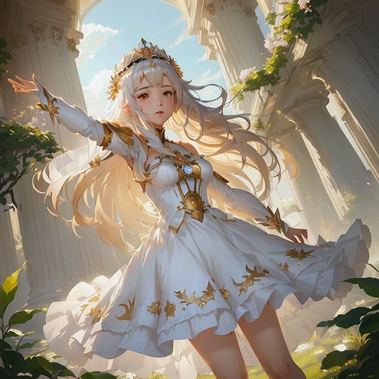 anime girl in a white dress with a crown on her head, cushart krenz key art feminine, anime goddess, trending on artstation pixiv, high detailed official artwork, ((a beautiful fantasy empress)), guweiz on pixiv artstation, official art, guweiz on artstation pixiv, official anime artwork, marin kitagawa fanart