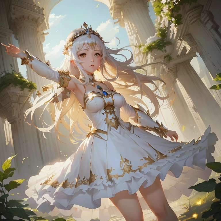 anime girl in a white dress with a crown on her head, cushart krenz key art feminine, anime goddess, trending on artstation pixiv, high detailed official artwork, ((a beautiful fantasy empress)), guweiz on pixiv artstation, official art, guweiz on artstation pixiv, official anime artwork, marin kitagawa fanart