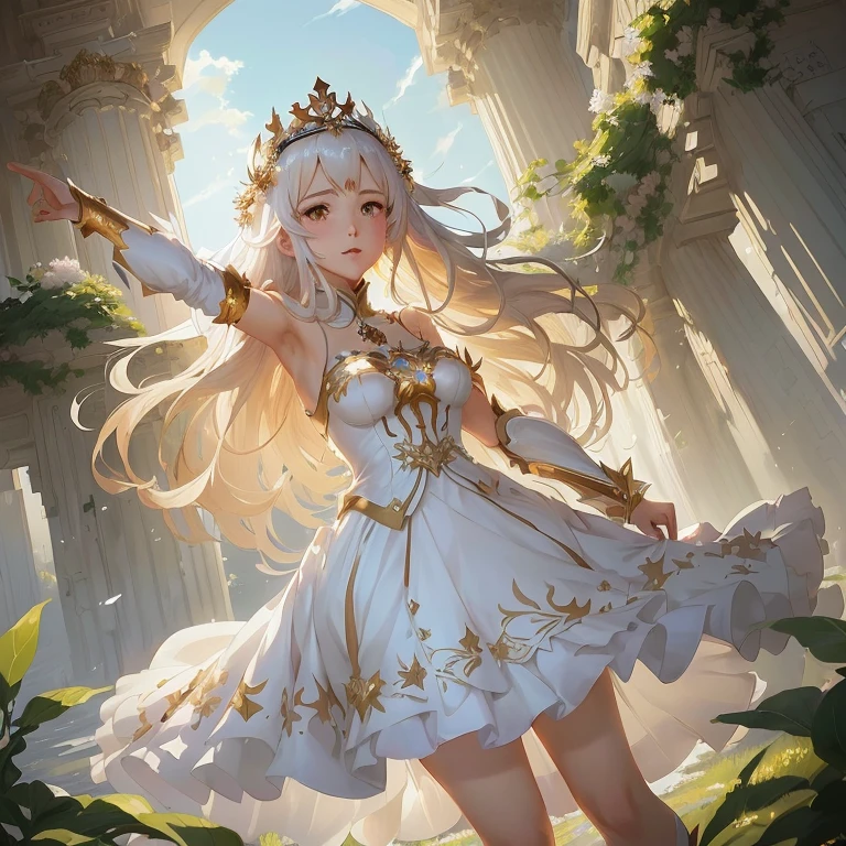 anime girl in a white dress with a crown on her head, cushart krenz key art feminine, anime goddess, trending on artstation pixiv, high detailed official artwork, ((a beautiful fantasy empress)), guweiz on pixiv artstation, official art, guweiz on artstation pixiv, official anime artwork, marin kitagawa fanart