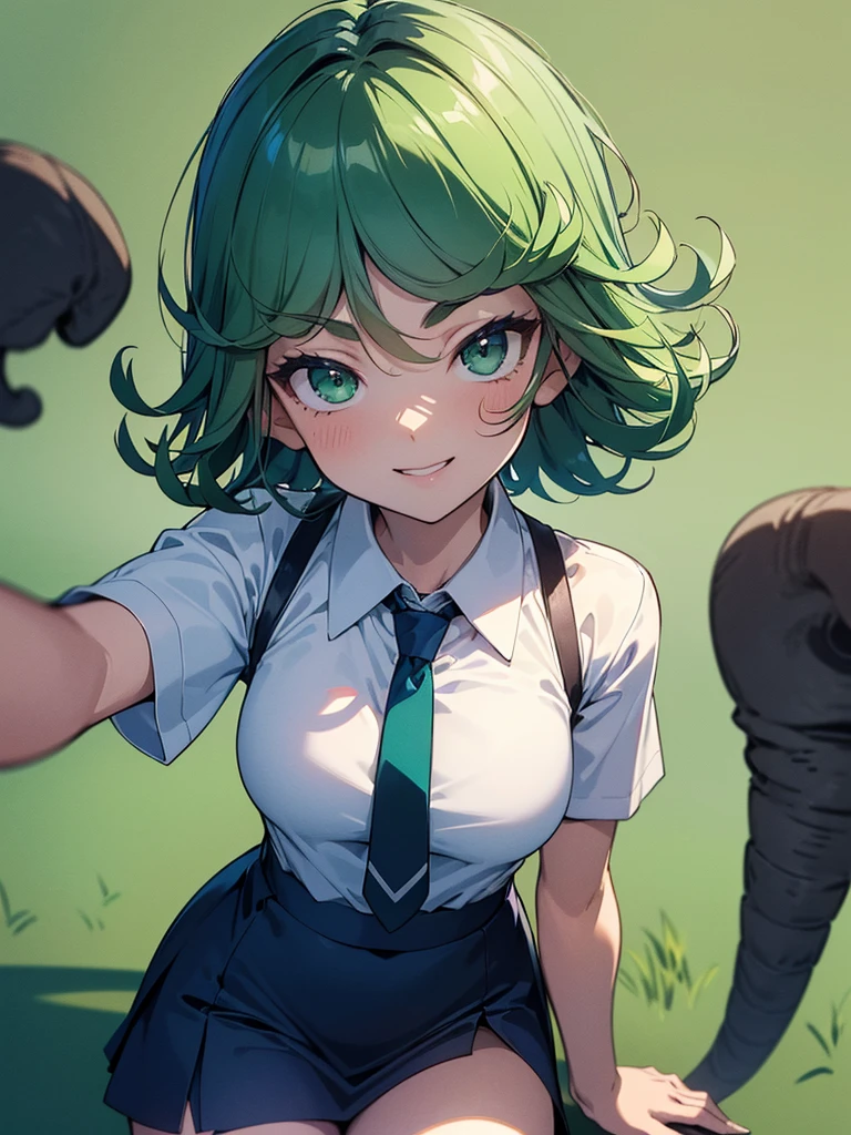 (high res, 8K, masterpiece, looking at viewer, best quality, very aesthetic, ultra detailed, ultra background, ultra Eyes) intricate details, 1girl, Tatsumaki, short sleeved white shirt, dark blue short skirt, Pockets on the left chest, dark blue tie, green short hair, green eyes, Smile Face, Elephant, Background Zoo, Cinematic Angle