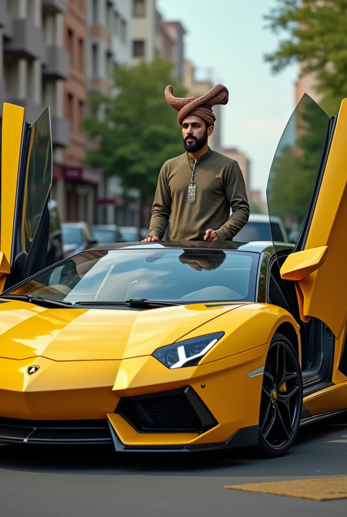 
Yellow lamborghini aventador doors open next to a man has Uzbek duppi
