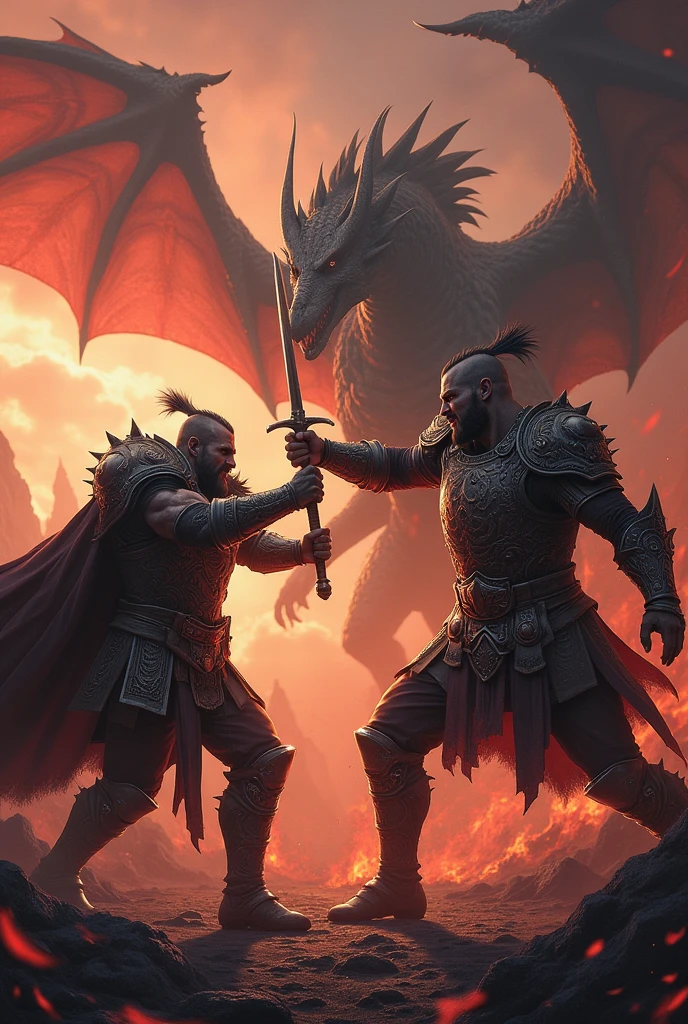 Two warriors and a dragon in the background in hell
