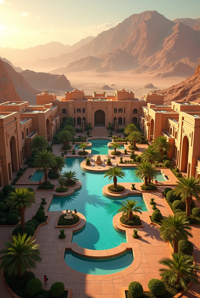 So big desert traditional resort with so many villas in it and also a lobby area in the center of the resort and also a gaming hall in side the resort and the water pools are required only the out side of the resort with the view of desert