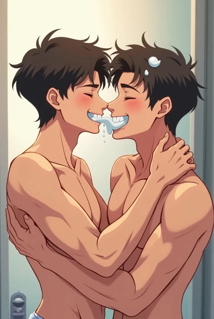 Anime style gay couple brushing teeth foam in mouth 
