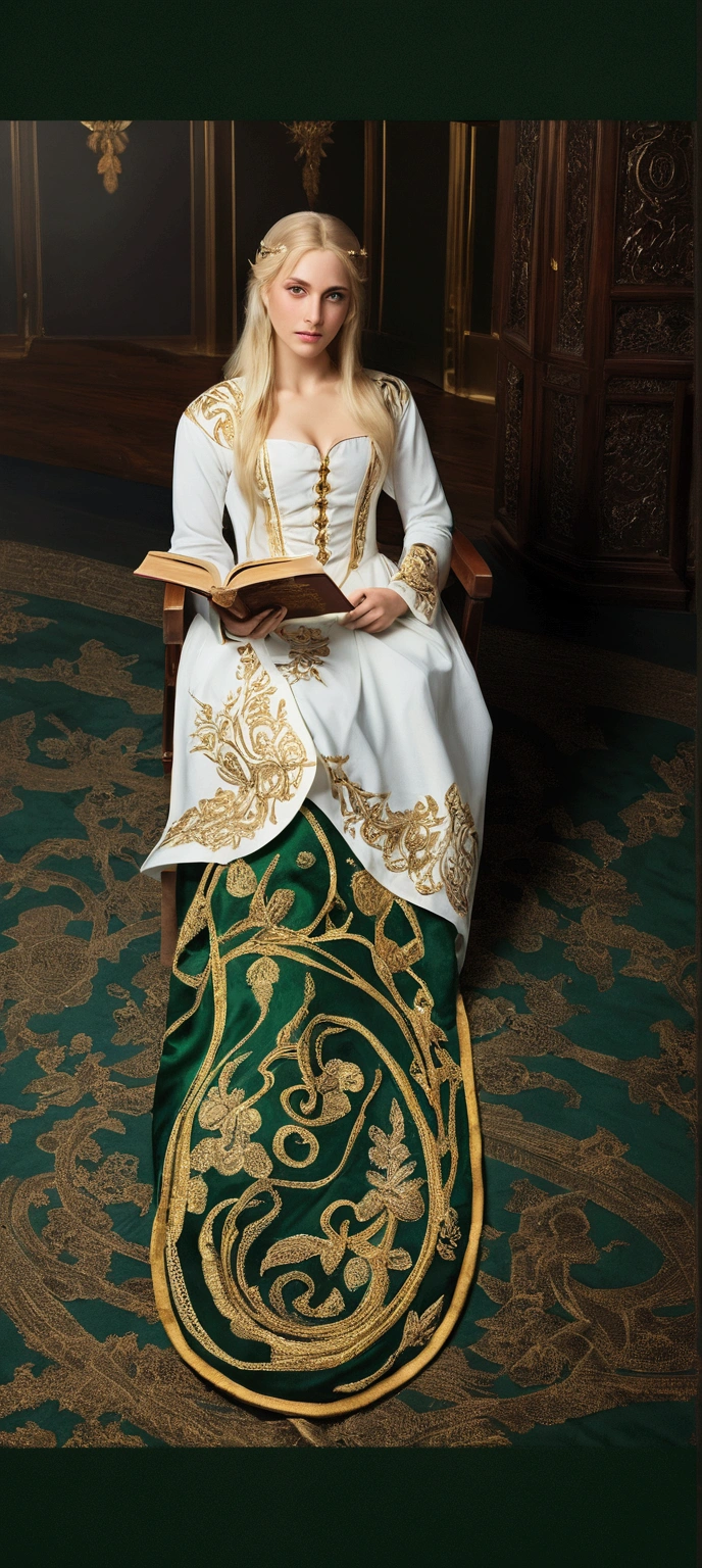 (((Masterpiece, highest quality, high definition, high detail)))), one, ((fantasy)))), (elf woman)))), (white short skirt with gold embroidery), (blonde long straight hair), (glossy dark green eyes), (green surcoat with gold embroidery), big, (((National Library of the royal capital)), (A large space with a lot of books)), sit in a chair and read a book , Particles of light flying