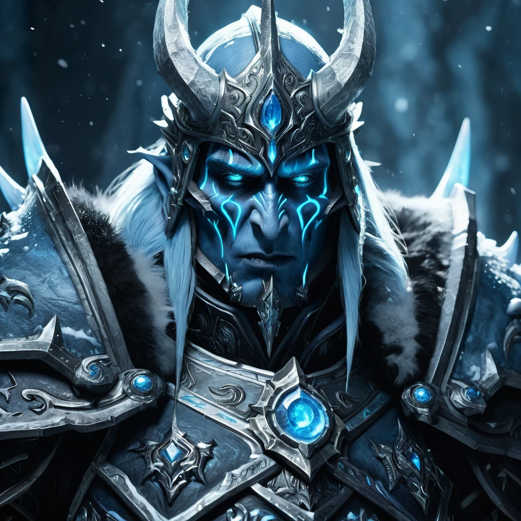 epic dark fantasy character of the lich king from World of Warcraft, dramatic lighting, highly detailed face, piercing eyes, icy blue skin, skeletal features, imposing posture, dark ominous atmosphere, snow and ice environment, volumetric lighting, cinematic composition, muted color palette, dramatic shadows, masterpiece, 8k, photorealistic, unreal engine, concept art style