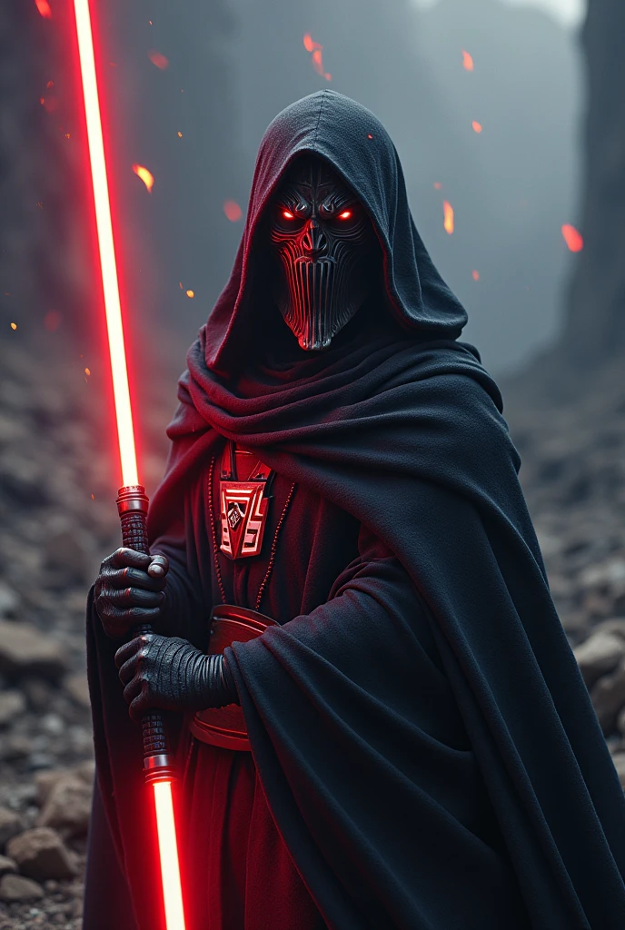 The country croatia as a Sith Lord from Star Wars, colors of the flag (blue, white, red, lightblue,yellow), red lightsaber, scary, frightening, ultra-realistic