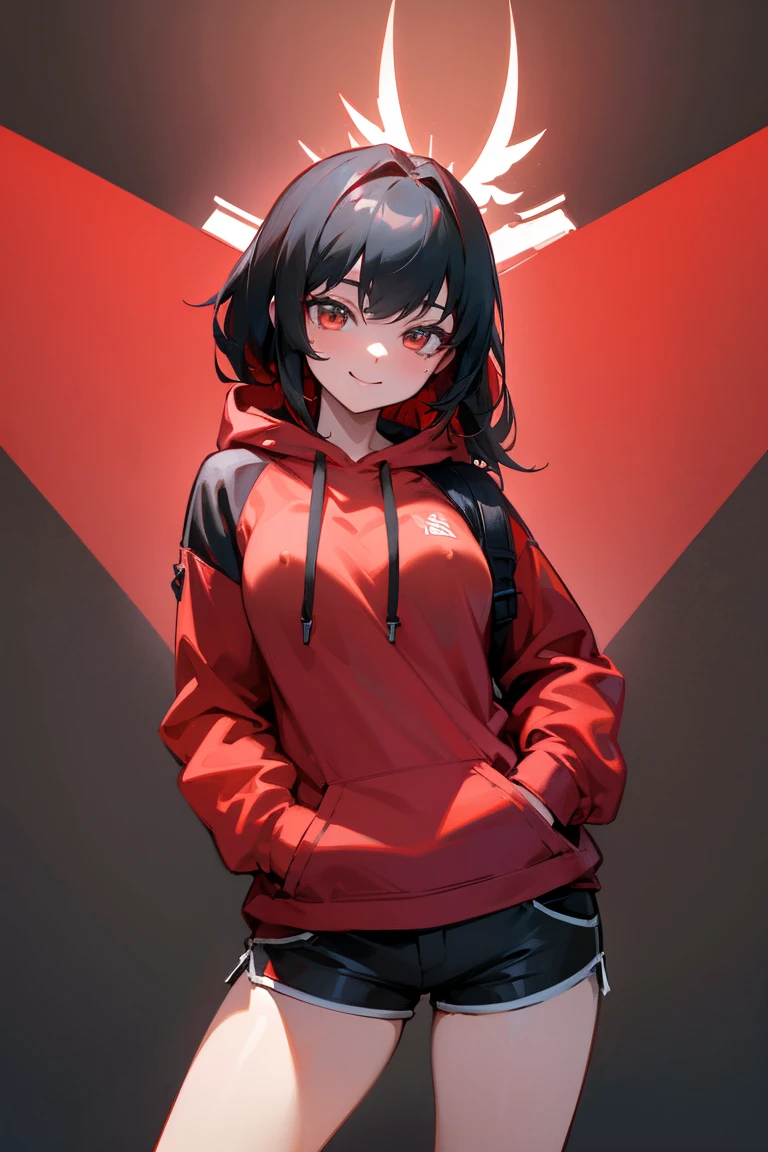 (Absurd, 8k, 4K, masterpiece, Extremely detailed:1.2), ((masterpiece,Highest quality)), Absurd, Ruby_rwby, alone, View your viewers, smile, Rubyローズ, Casual wear, hoodie, Erect nipples,Put your hands in your pockets, smile, Red gradient, Black Hair, Silver Eyes, Shorts,
