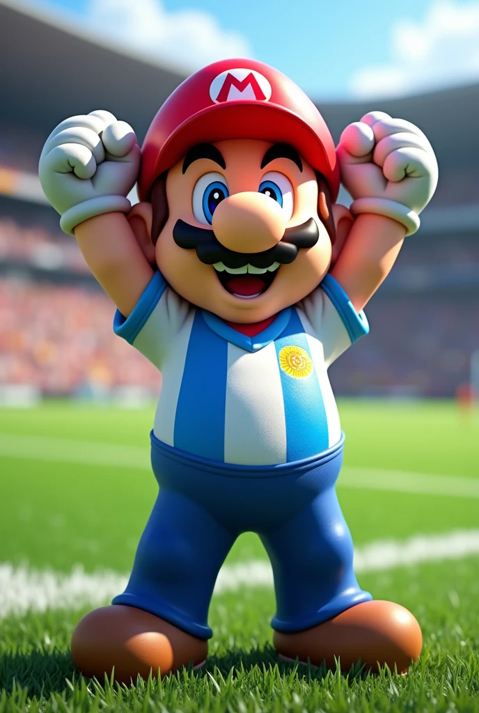 the character mario bross wearing the argentine national team soccer jersey celebrating a victory