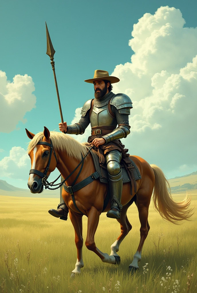 A morning in July, without telling anyone,
Riding his Rocinante, he went flying, escaping from his villa,
With the fake cloth armor on and the spear in hand,
The field called him, and his dream began to walk.