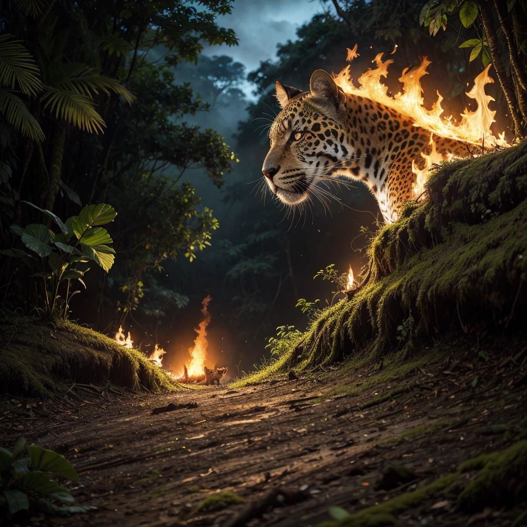 Amazon rainforest on fire and an animal, jaguar watching with a tear in its eye, focusing on the animal's face