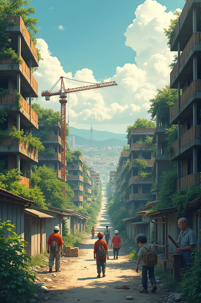 Rebuilding Hiroshima: "A hopeful image of Hiroshima being rebuilt years after the bombing, with new buildings under construction, people working together, and greenery beginning to return to the city."