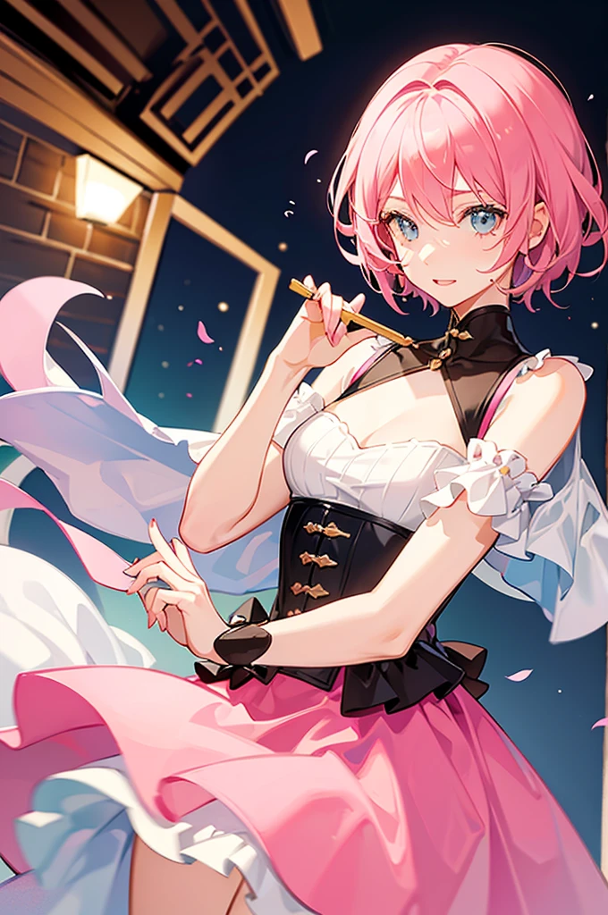 portrait of a girl with pink short hair holding a cake in both of her hands, dynamic pose