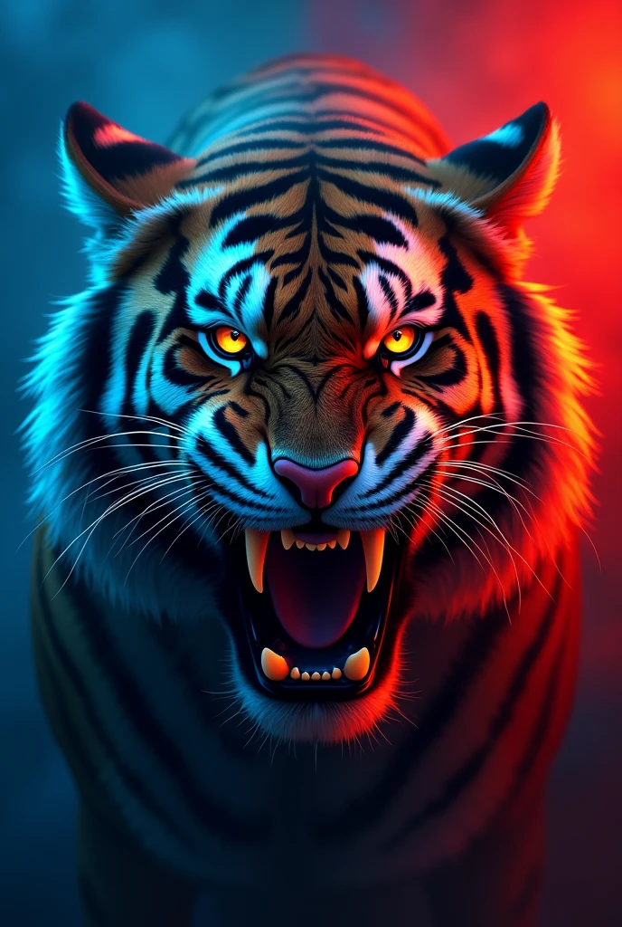 Make a big banner with a blue and red background with the face of a Siberian tiger with its mouth open threatening 