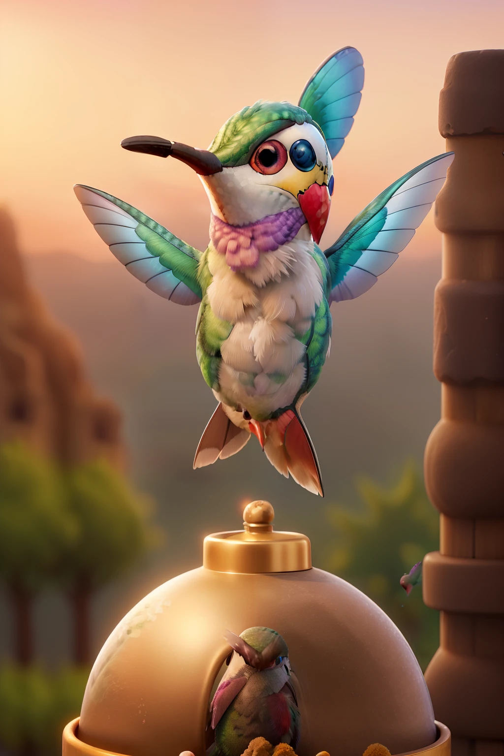 (Close-up of a majestic hummingbird:1.5), (Small but powerful hummingbird facing forward:1.2), (Detailed golden armor:1.1), (Standing alone against an epic sunset:1.0), (Radiant light surrounding the hummingbird:1.1), (Landscape symbolizing strength, unity, and determination:1.0)