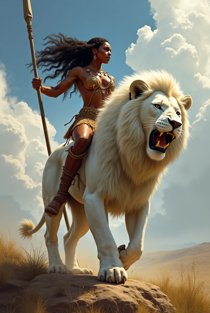 Create a nude African female warrior riding a white lion holding a spear