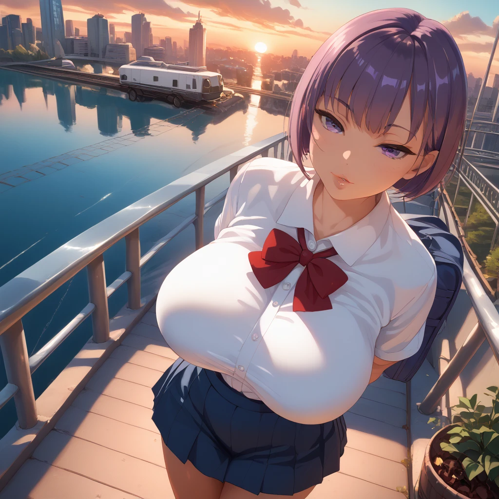 1 female, really short, tanned, round face, front view, pov angle, high angle, plump lips, submissive face, round face, detailed face, short purple hair, bowl cut, bangs, big purple eyes, full lidded eyes, puckered lips, hands behind back, school uniform, white shirt, clothes stretch, realistic fabric, red ribbon, short blue skirt, skin tight clothing, extremely flushed face, massive breasts, slim waist, cinematic lighting, volumetric lighting, sunset, leaves falling in background, birds in sky, detailed city background, on a bridge, warm hues,train tracks in background