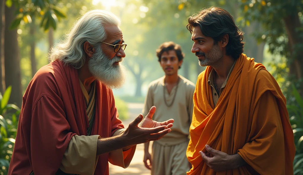 The Lesson from the Old Man:"The old man speaking to Preetam, sharing wisdom about kindness and honesty being the greatest treasures. Preetam listens intently, with a gentle smile, while Hari looks on dismissively, still focused on the treasure."