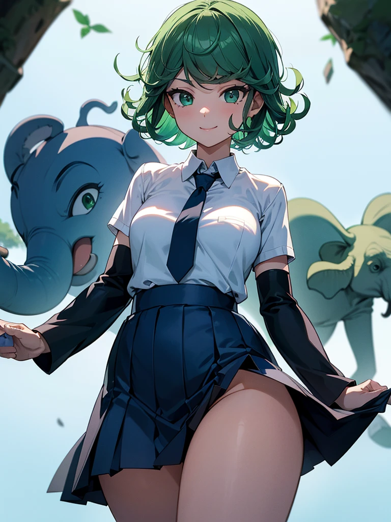 (high res, 8K, masterpiece, looking at viewer, best quality, very aesthetic, ultra detailed, ultra background, ultra Eyes) intricate details, 1girl, Tatsumaki, short sleeved white shirt, dark blue short skirt, Pockets on the left chest, dark blue tie, green short hair, green eyes, Smile Face, Being outside the elephant enclosure, Background Zoo, Cinematic Angle