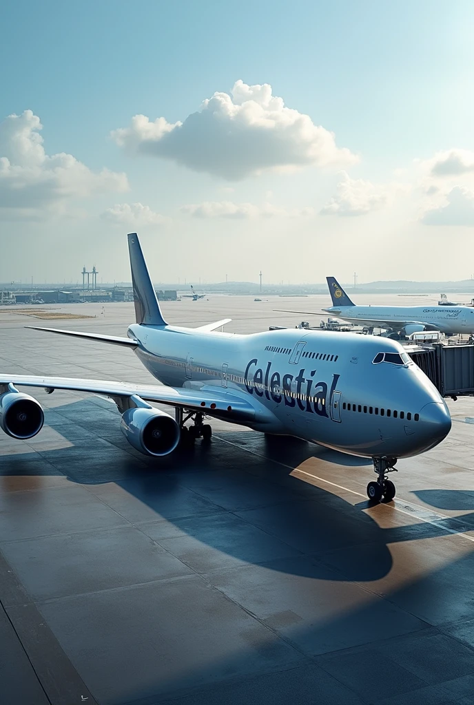 Create a plane on the ground with the company name “Celestial” in large letters