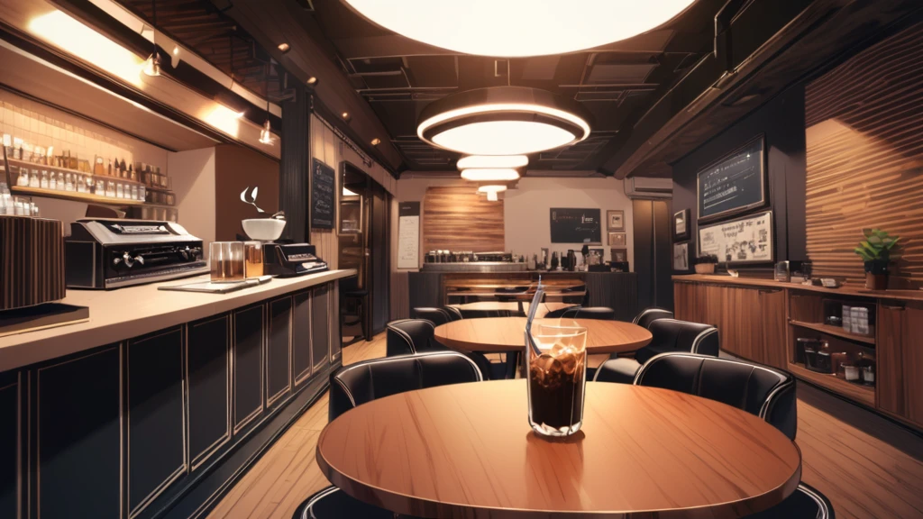 Stylish space A cafe with a warm wooden atmosphere Stylish counter seats in Tokyo A few tables Retro feel The record player is large. high resolution Iced coffee on the table