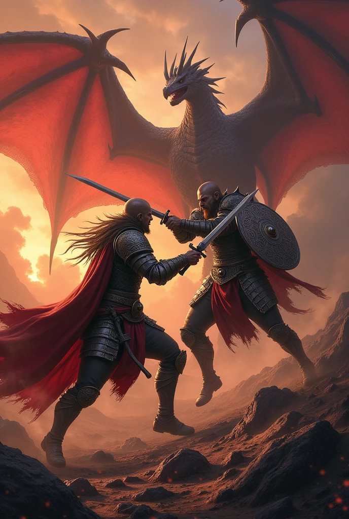 Two warriors and a dragon in the background in hell