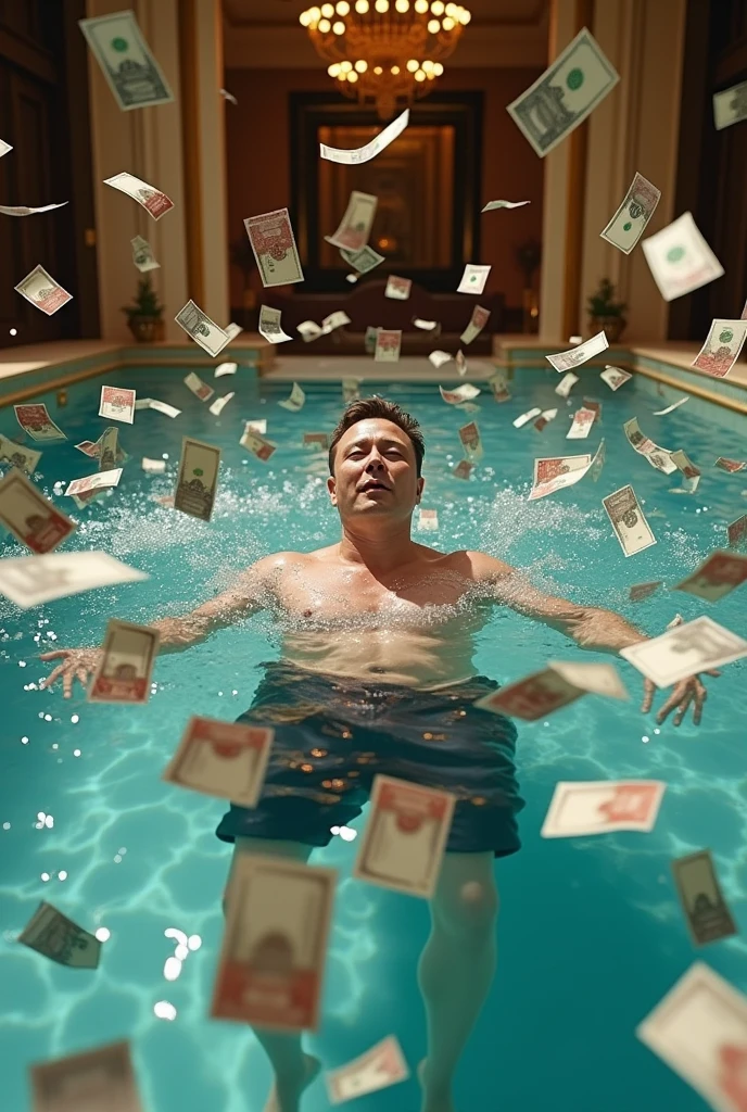 Elon Musk swimming with lots of money