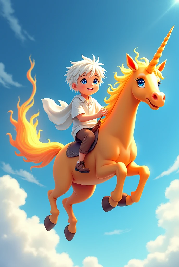 Drawing of a white haired boy riding a fire unicorn, flying through the sky, a blue eyed boy, smiling, wearing a loose white shirt, image anime