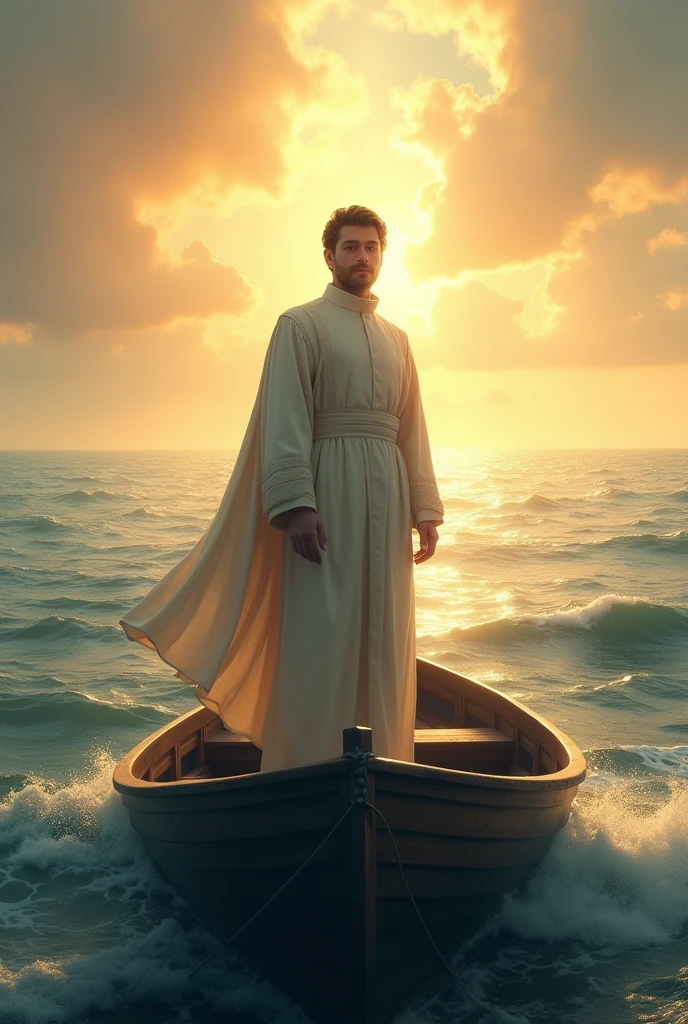 **"Create a card that highlights God's calling of young people to a priestly vocation. The image must depict a young man who, upon hearing the call, renounce everything and follow Jesus. He must be getting on a boat, symbolizing total surrender, and going to deeper waters, representing the journey of faith and commitment."**