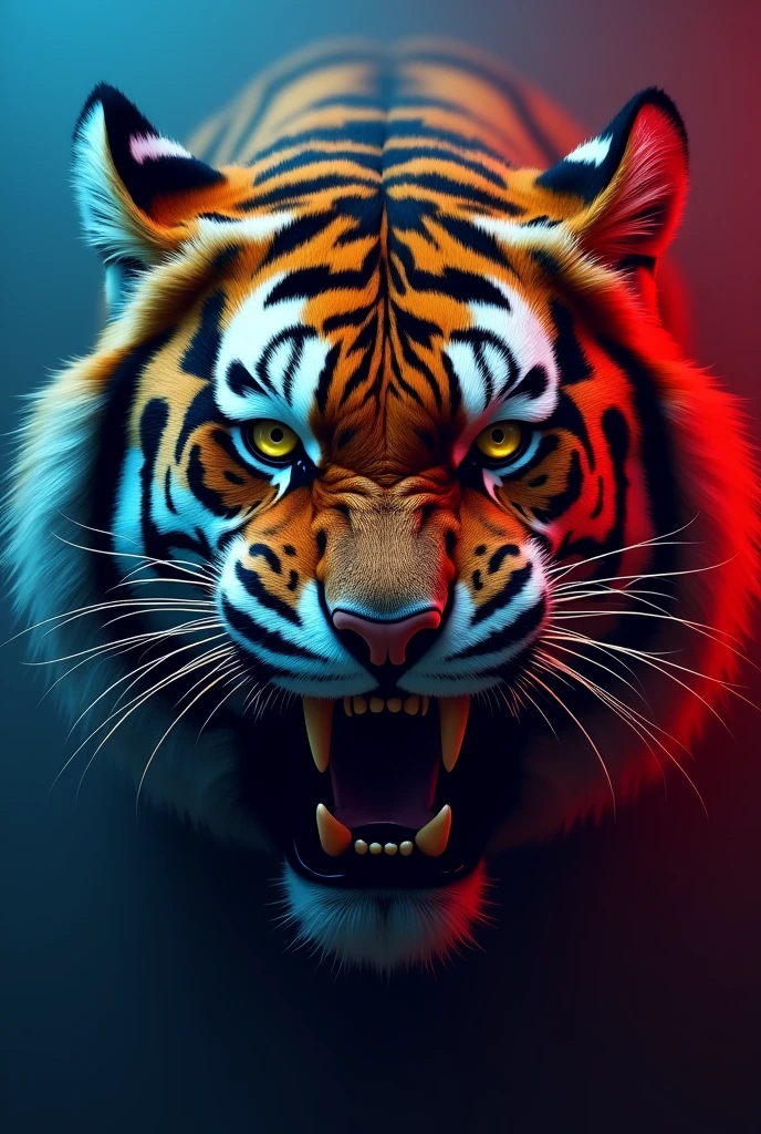 Make a big banner with a blue and red background with the face of a Siberian tiger with its mouth open threatening