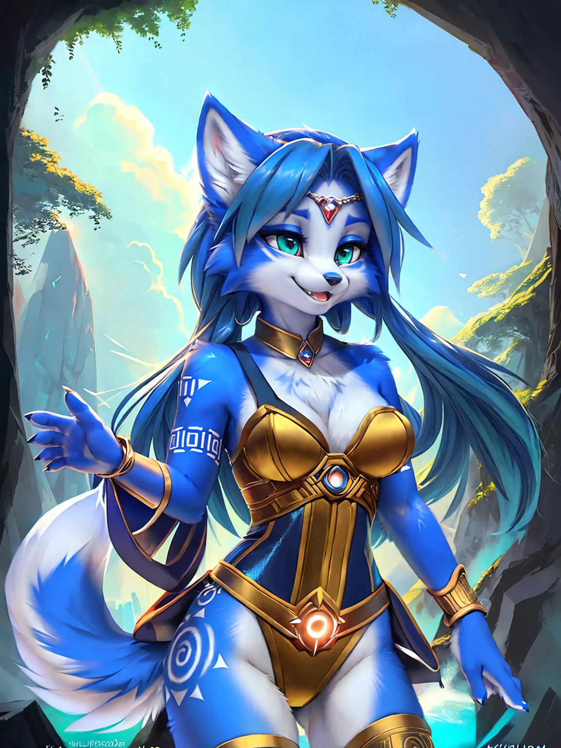 A beautiful and detailed (sweet picture) wa ((krystal)), Star Fox Krystal, sslim, lovable, green eyes, medium breasts, (((Long blue hair 1.3))), Decollete, grin, look up,, anthro, furry, Uploaded E621, detailed fluffy fur, (wa Fluff-Kevlar, Bayard Wu, personalize me, Pino Daeni), detailed face, (fluffy), 1 girl, alone, sweet girl, alone, stands on a mountain, view of a sea and a forest, magician clothing