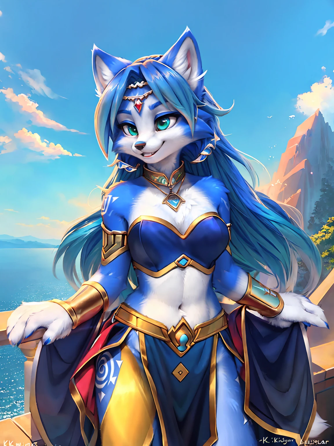 A beautiful and detailed (sweet picture) wa ((krystal)), Star Fox Krystal, sslim, lovable, green eyes, medium breasts, (((Long blue hair 1.3))), Decollete, grin, look up,, anthro, furry, Uploaded E621, detailed fluffy fur, (wa Fluff-Kevlar, Bayard Wu, personalize me, Pino Daeni), detailed face, (fluffy), 1 girl, alone, sweet girl, alone, stands on a mountain, view of a sea and a forest, magician clothing