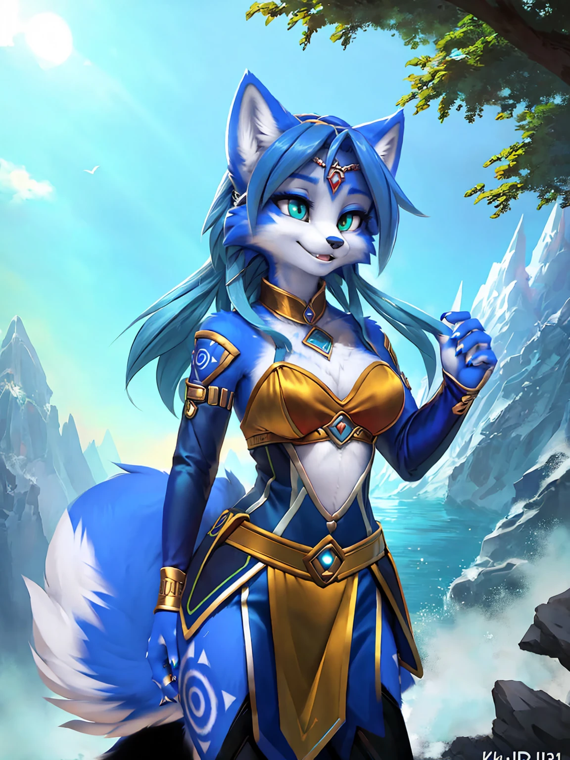 A beautiful and detailed (sweet picture) wa ((krystal)), Star Fox Krystal, sslim, lovable, green eyes, medium breasts, (((Long blue hair 1.3))), Decollete, grin, look up,, anthro, furry, Uploaded E621, detailed fluffy fur, (wa Fluff-Kevlar, Bayard Wu, personalize me, Pino Daeni), detailed face, (fluffy), 1 girl, alone, sweet girl, alone, stands on a mountain, view of a sea and a forest, magician clothing