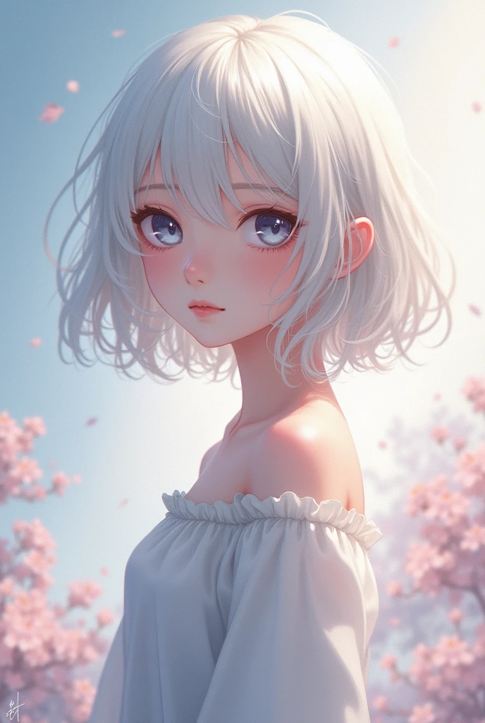 Anime girl with short white hair looking off to the side in front of ethereal background 