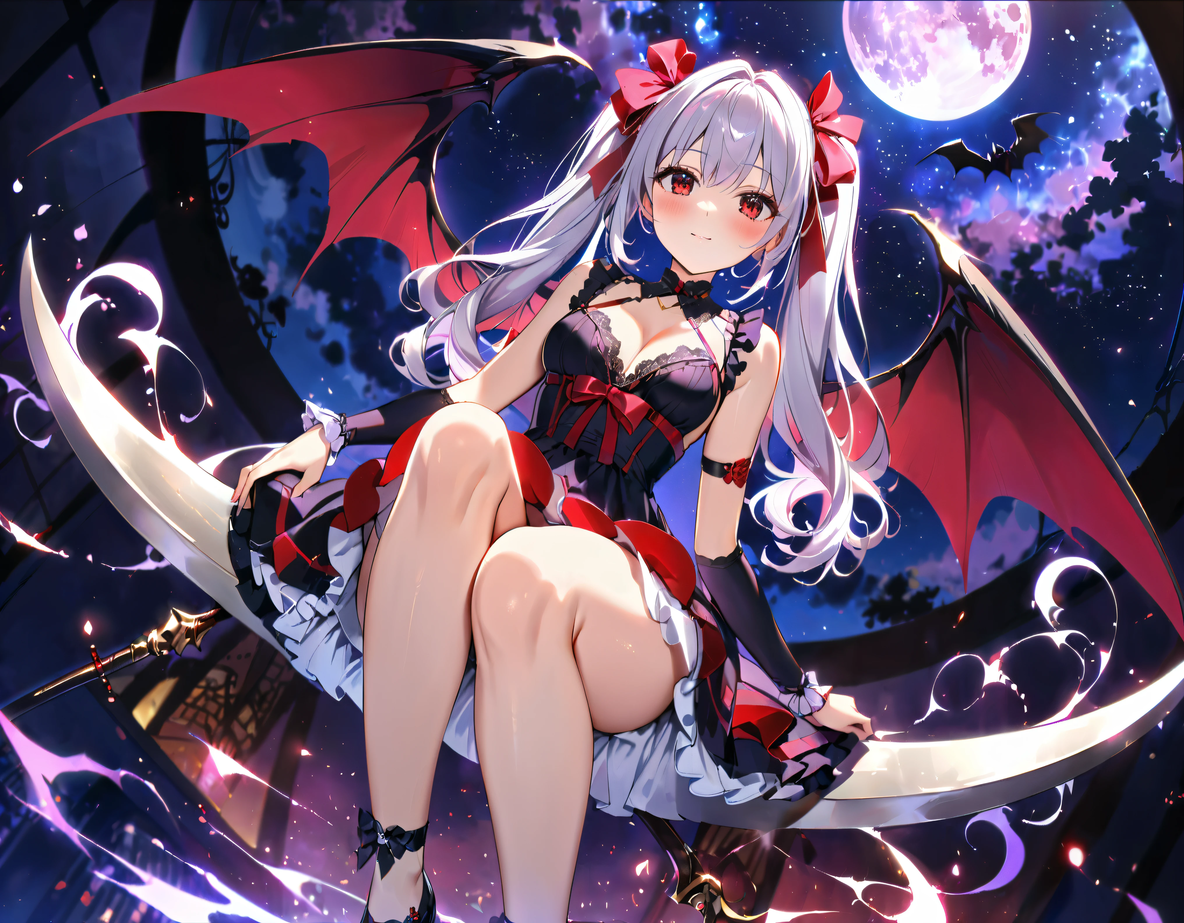 ((1 person Vampire girl)), (((1 person))), ((Red eyes)), cute, Very cute face, Black mini skirt dress with red accents, Cute dress with frills, Lingerie with lace, ((Demon wings on his back)), Configuration from below, Silver Hair, Long twin tails, ((blush)), Hyper Detail Eyes, (((Dynamic and seductive poses))), ((Holding a giant death scythe in his hand)), (Flying in the night sky), (((Body floating in the air))), (Moonlit Night, Purple glowing magic circle)), (Very detailed, Highest quality, 8k, 16K, 32K), Beautiful illustrations, Hyper Detail Skin,