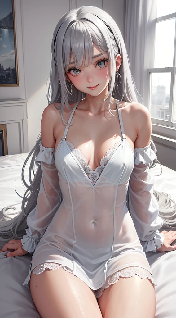 1Girl, Solo, Anime, Ideal body, (Cleavage, (Small breast:1.1), (Hard nipples:1.1). Beautiful, Gorgeous, Fresh, Blunt Bangs, (White Grey Hair:1.5),(Straight and Wavy Long Hair:1.3), transparent, lingerie, laced , sleep dress, night dress, Off-Shoulder, Oversize, dress laced, Comfort, Loose dress, satin Texture. (Sit on bed:1.3). Earrings, Thin Black Headband, Green Accessories, Environmental Details, Bed Room, Natural Light, Modern Bed, Chair, Window, White Curtain, City View. pov, anime style, UHD, retina, masterpiece, accurate, anatomically correct, textured skin. High Resolution, Looking at the viewer, Blush, Best Quality, Award Winning, Accurate, Embarrassed, seductive smile, sweating, Naughty Face, Naughty, Gradient Eye Color, Sexy Pose. Cowboy Shot, licking lips, high class.