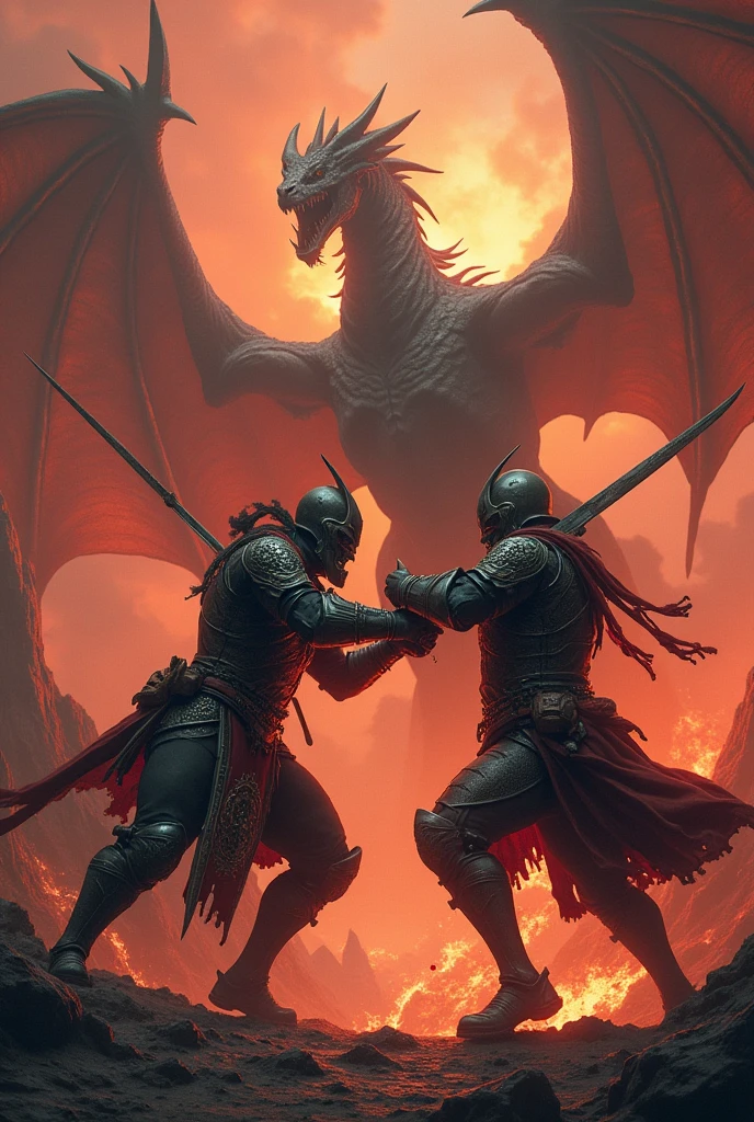 Two warriors and a dragon in the background in hell