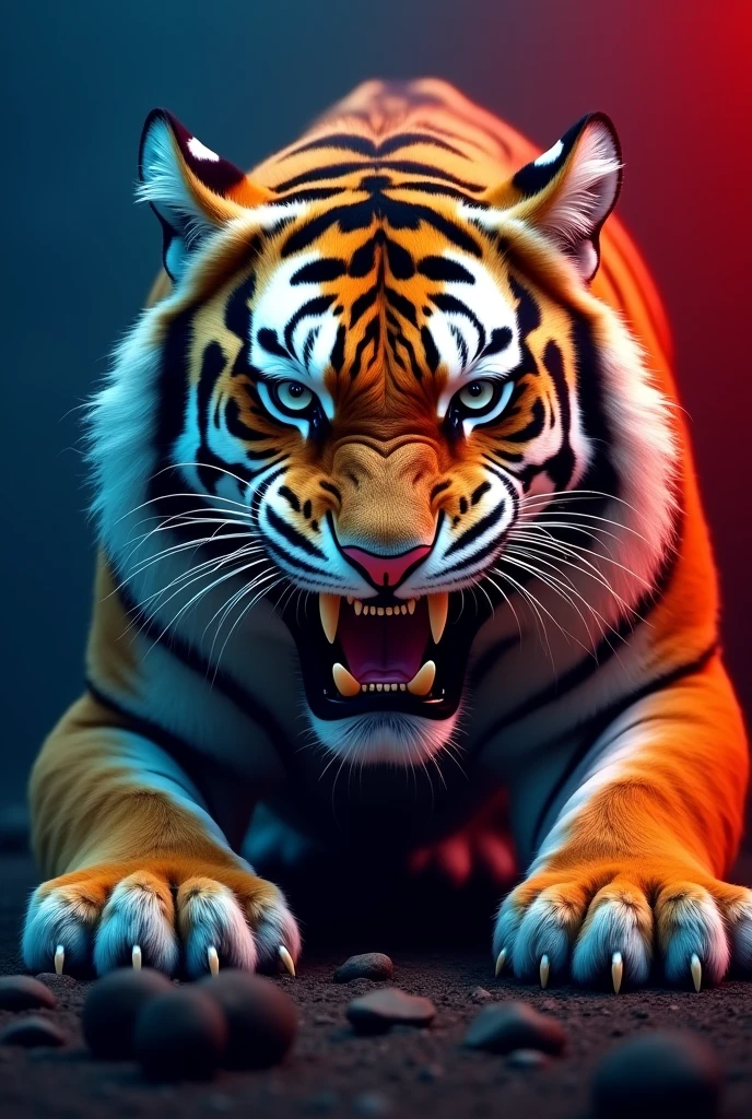 Make a big banner with a blue and red background with the face of a Siberian tiger with its mouth open threateningly showing its claws.