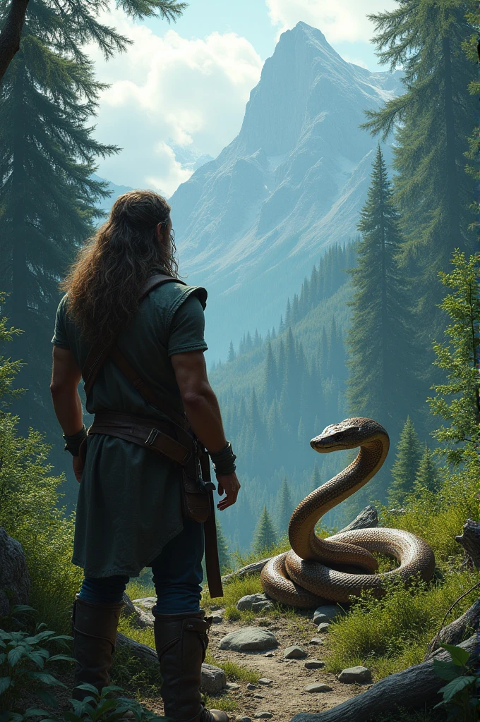 A long-haired man is standing facing back in a mountain forest and there is a large coiled snake