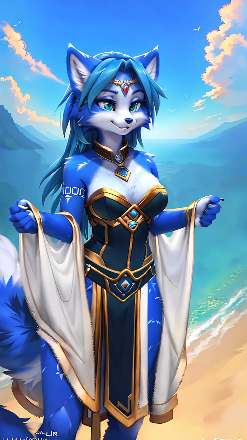 A beautiful and detailed (sweet picture) wa ((krystal)), Star Fox Krystal, sslim, lovable, green eyes, medium breasts, (((Long blue hair 1.3))), Decollete, grin, look up,, anthro, furry, Uploaded E621, detailed fluffy fur, (wa Fluff-Kevlar, Bayard Wu, personalize me, Pino Daeni), detailed face, (fluffy), 1 girl, alone, sweet girl, alone, stands on a mountain, view of a sea and a forest, magician clothing