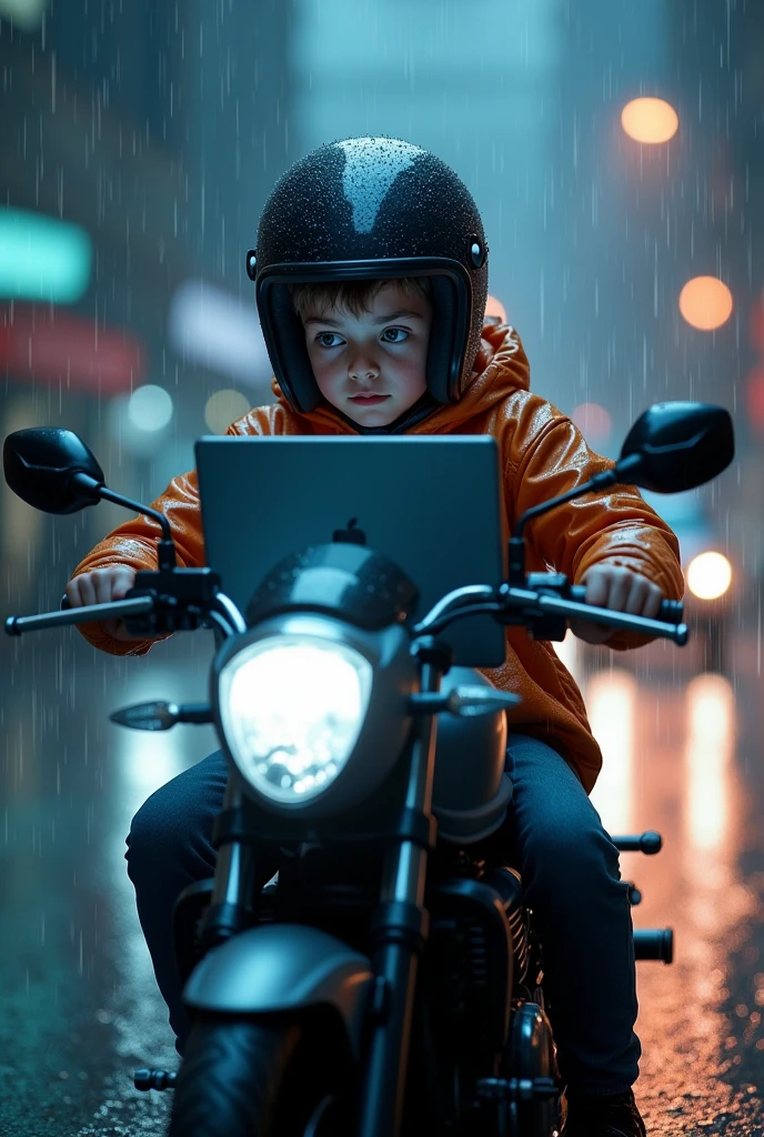 A boy with laptop in rain on motorcycle