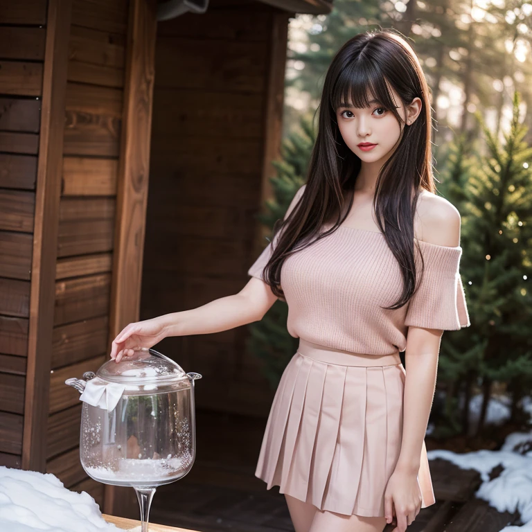 long skirt,skirt,Wearing a pink pleated skirt, Wear black stockings,(knee shot), 1 woman, On the face, light brown hair, blunt bangs, hair behind ears, Hair over the shoulders, long hair, Slender body type, Super thin face, face slimming, delicate lips, beautiful eyes, Thin blush, Eyes are light brown,Check it out here, (realistic:1.3), Coniferous forest, It's snowing .One person's perspective, 8k, On the table, , Super detailed, high quality, best quality, High resolution, ,Large Breasts,H CUP, off -shoulder top