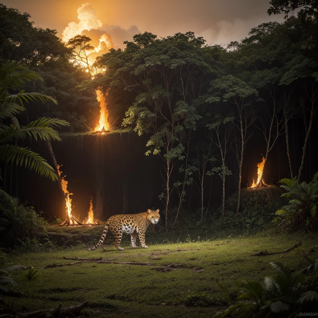 Amazon rainforest on fire and an animal, jaguar watching with a tear in its eye, focusing on the animal&#39;s face
