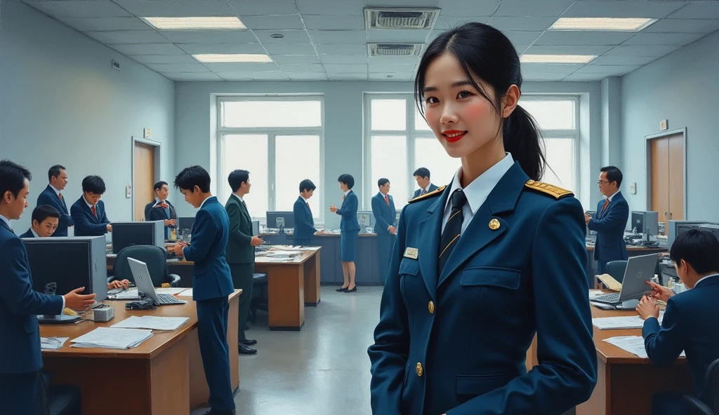 A stunning oil painting of a scene beautifully portraying, In a bustling government office, a young beautiful Korean woman, newly appointed as a government officer, stands confidently in her crisp official uniform. Surrounded by her colleagues, she engages in animated discussion, her expression a blend of enthusiasm and determination. Her uniform, neatly pressed and adorned with insignia, symbolizes her new role. The office environment is busy, with papers and computers scattered across desks, highlighting the dynamic and professional atmosphere as she integrates into her new position. The painting exhibits a dream-like, impressionistic style, with visible brushstrokes that create a sense of depth and texture. The color palette primarily consists of deep blue, greys, and blacks, evoking a depressive atmosphere. wide shot.