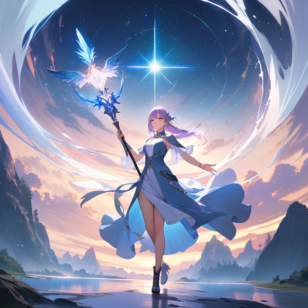 Masterpiece, Extremely detailed, best quality, photorealistic, magnificent, celestial, ethereal, epic, majestic, magical, fantasy art, cover art, dreamy, full body shot, BREAK, ethereal fantasy concept art of a brave elf dnd wizardess., staff in right hand, surrounded by runes of light, dynamic pose