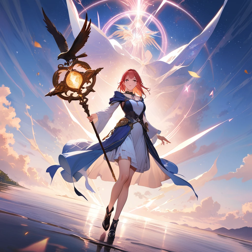 Masterpiece, Extremely detailed, best quality, photorealistic, magnificent, celestial, ethereal, epic, majestic, magical, fantasy art, cover art, dreamy, full body shot, BREAK, ethereal fantasy concept art of a brave elf dnd wizardess., staff in right hand, surrounded by runes of light, dynamic pose